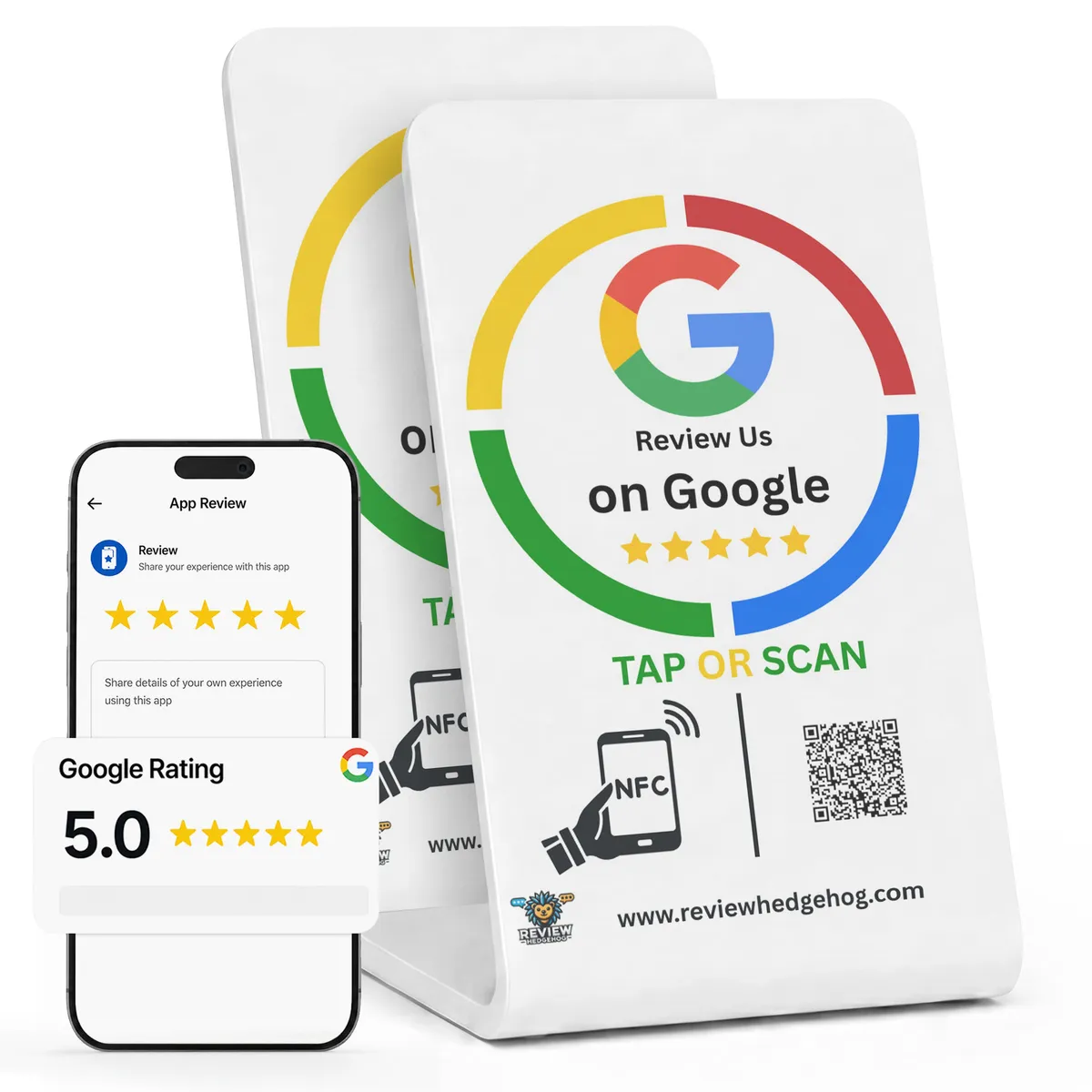 Review Hedgehog NFC Google Review stand floating cutout product shot