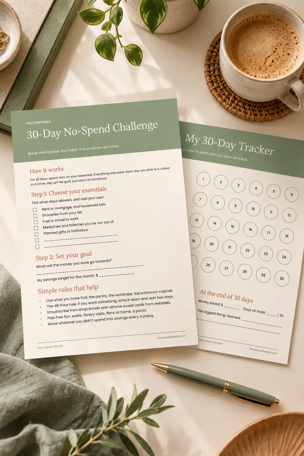 30-Day No-Spend Challenge Printable Tracker and Daily Planner Mockup