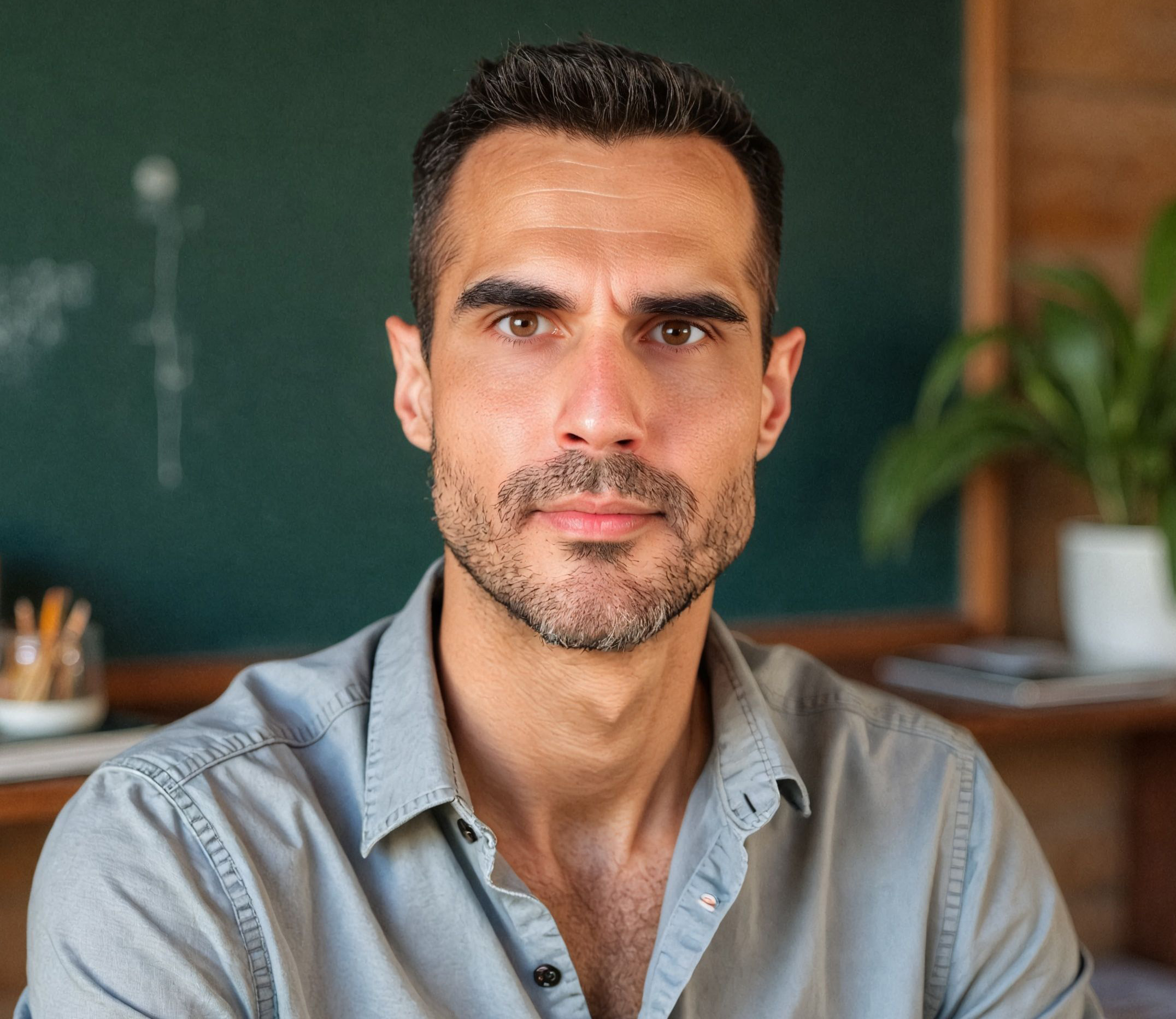 A confident international sales professional in a modern office, poised and smiling, with a laptop and notepad, representing success in English-speaking markets. Bright, minimalistic, 3:2 aspect ratio.