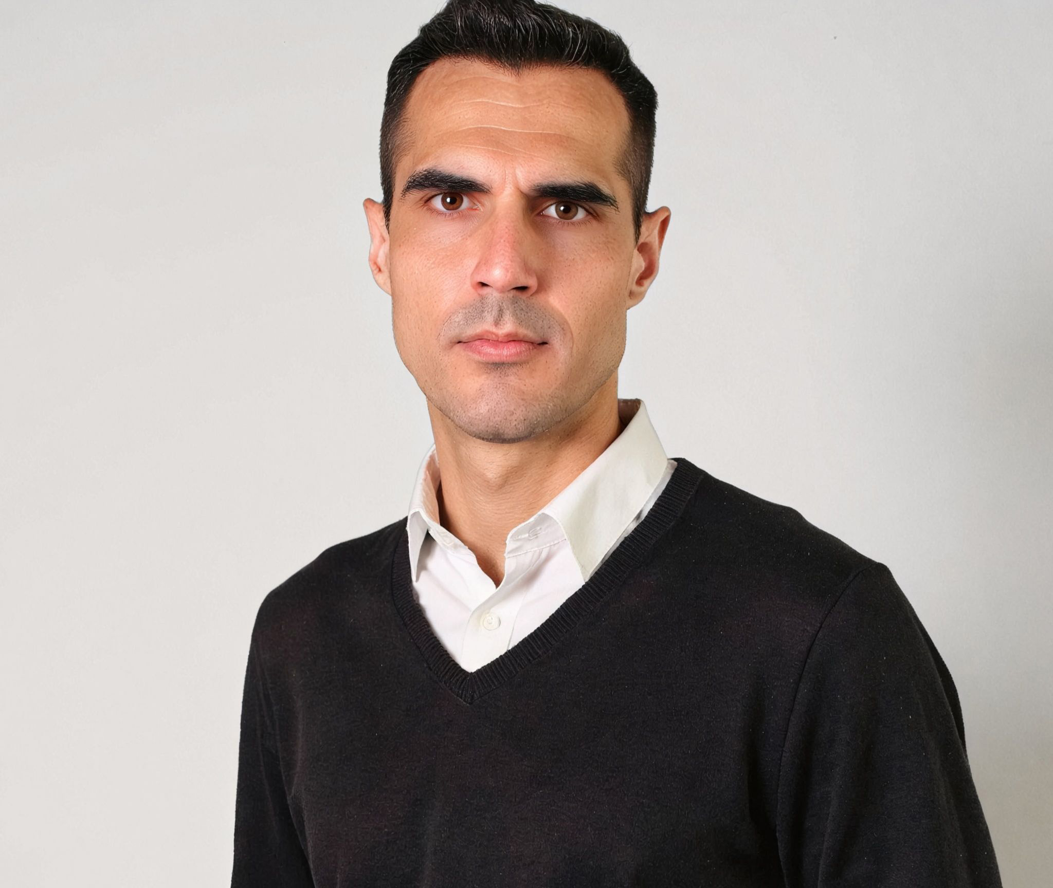 A professional English coach, mid-40s, international background, smiling warmly in a clean, modern setting, exuding approachability and expertise. Minimalist portrait, 1:1 aspect ratio.