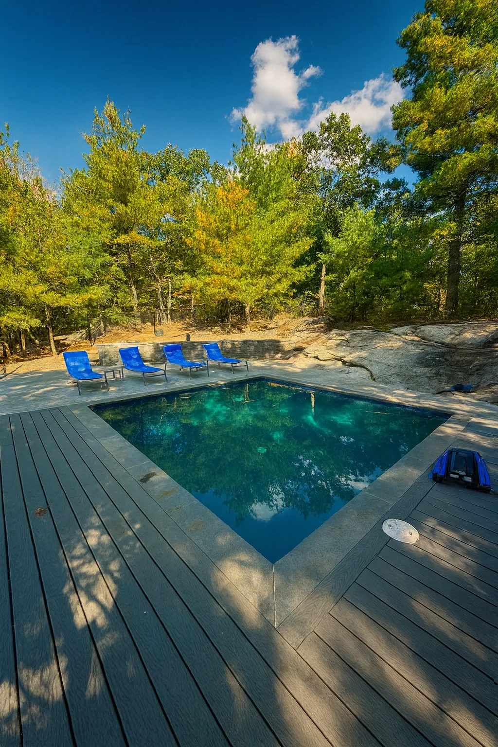 Indoor swimming pool with wooden walls and ceiling.