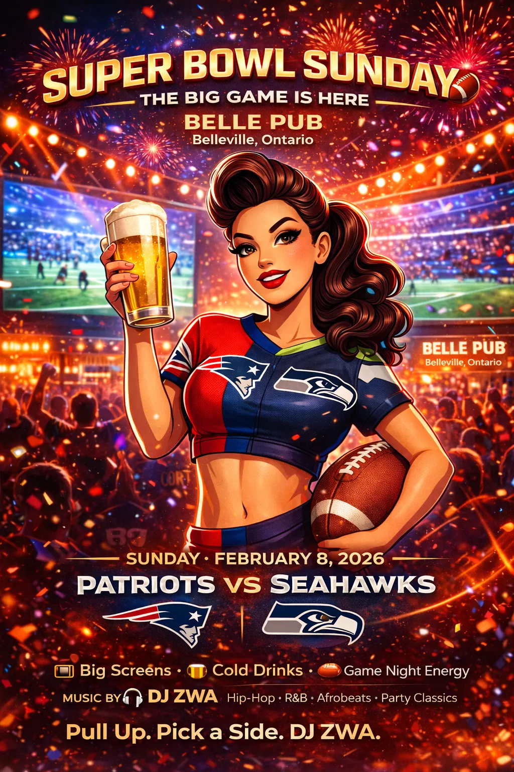 a neon display of bottles and glasses in front of a red wall