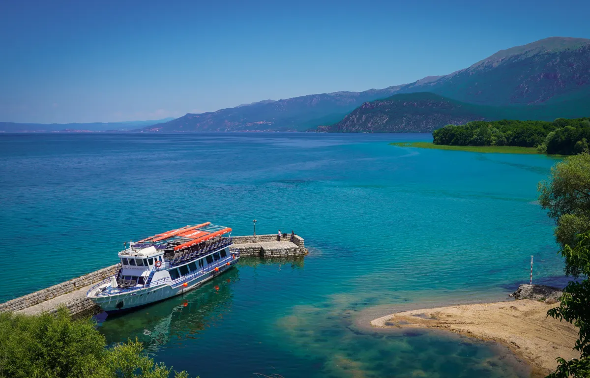 Blue Macedonia lake and boat