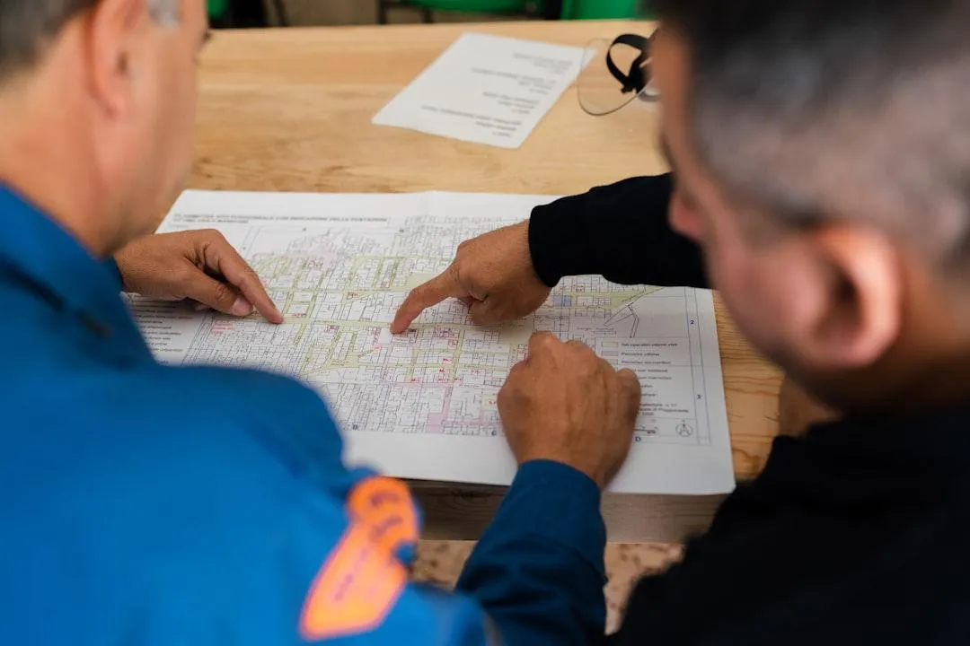 Engineers reviewing commercial solar layout plans at a project table