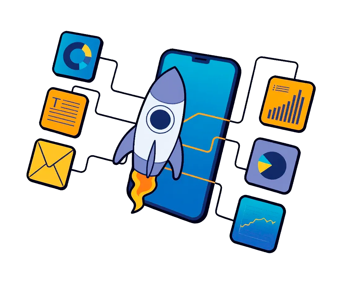 Teléfono celular del que sale un cohete con íconos relacionados al marketing digital.