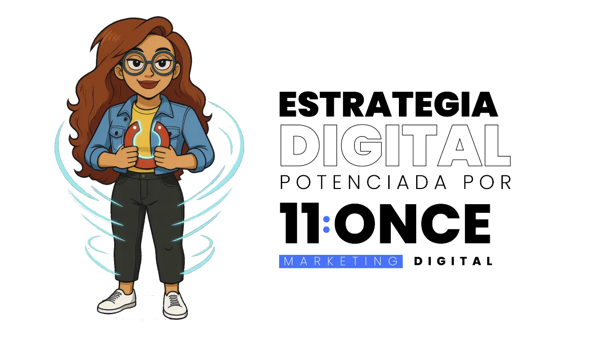 Personaje creado para representar a la marca con las palabras Estrategia digital y marketing digital a un lado.