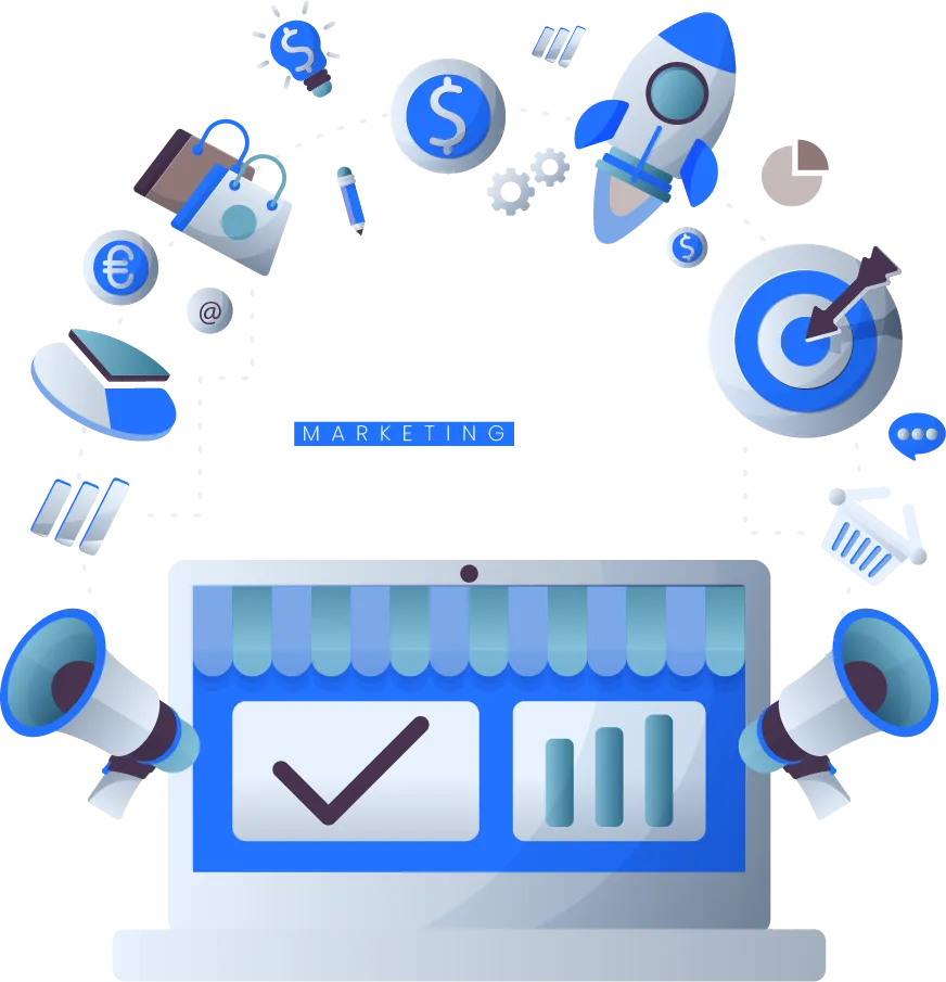 Laptop de la que surgen íconos relacionados con Marketing digital el logo de 11:Once en la mitad.