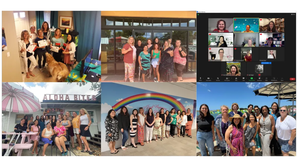 A collage of women gathering in different settings—smiling, connecting, and building community through shared experiences and meaningful relationships.