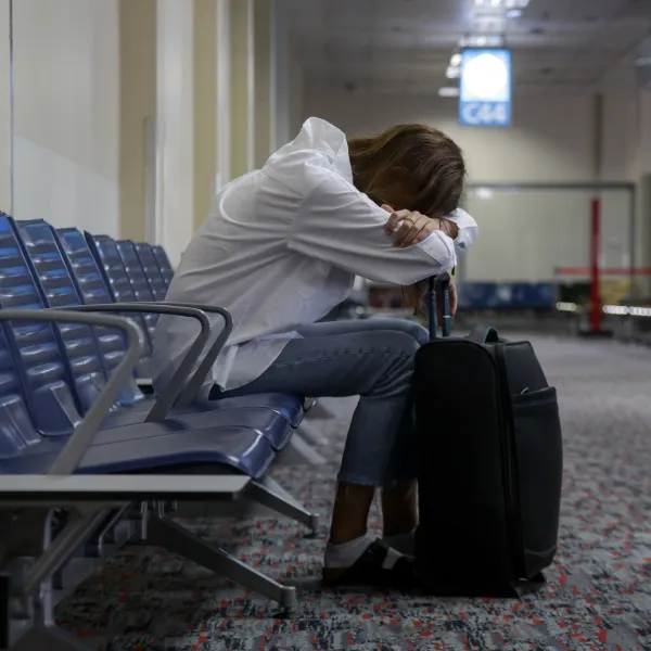 Teenager in an airport head down exhausted