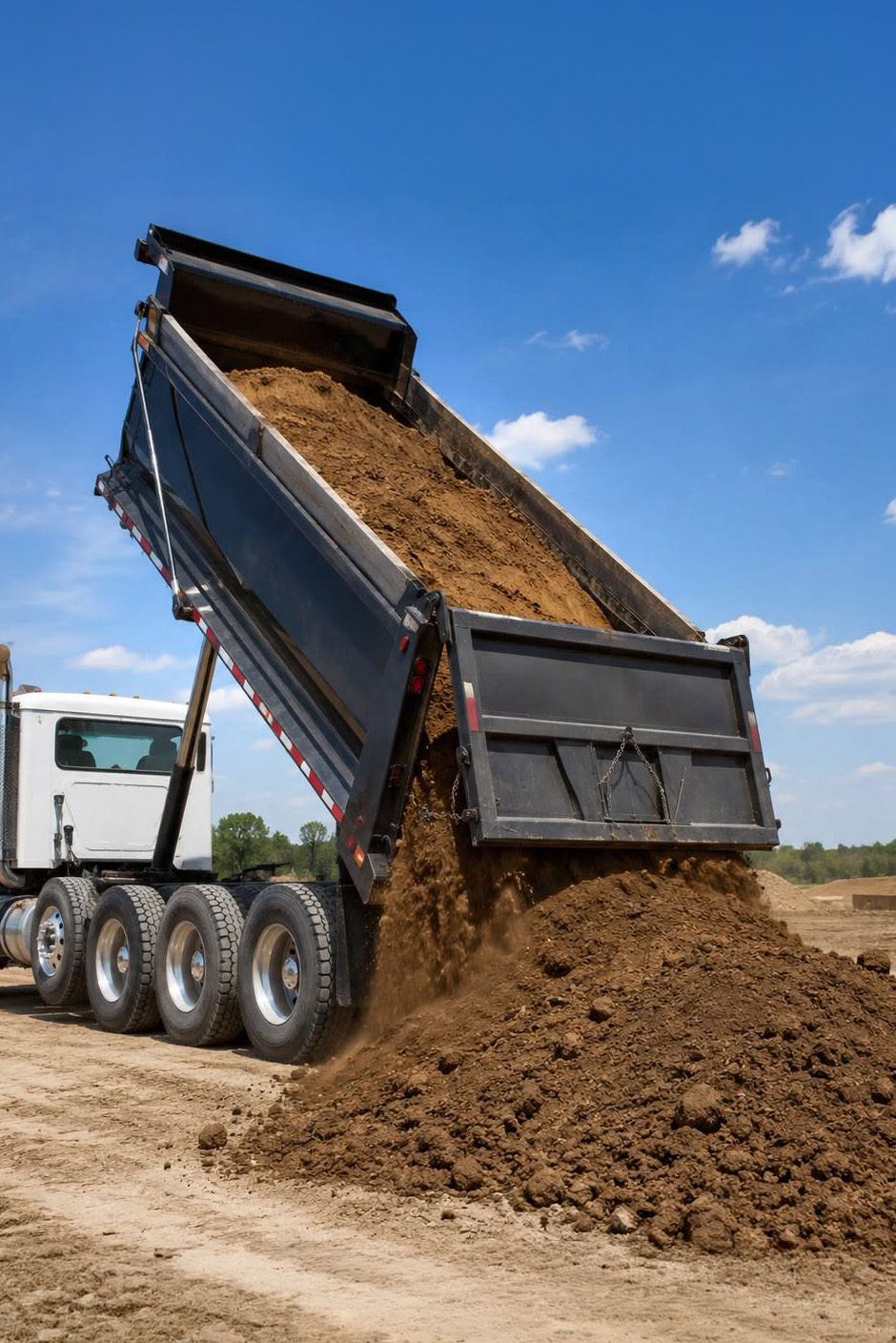 Dump truck loading or unloading fill dirt