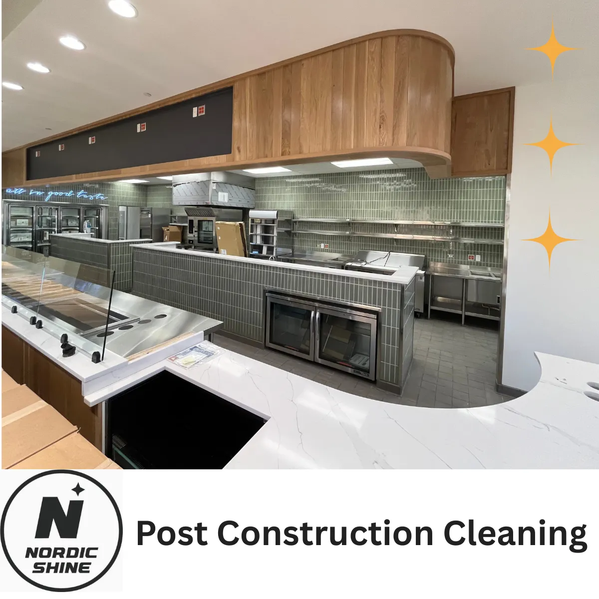 Professional cleaning team working in a newly completed commercial space