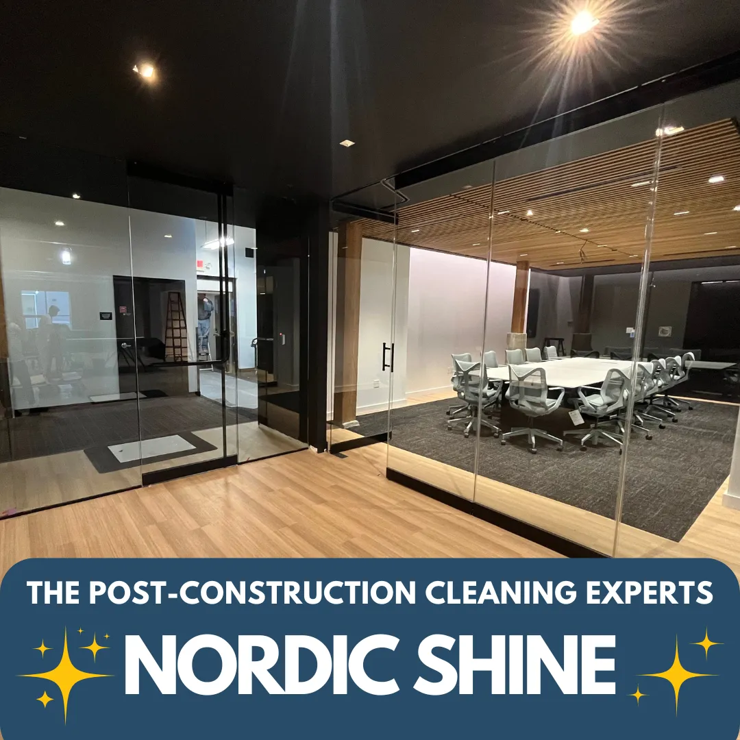 Professional cleaning team working in a newly completed commercial space