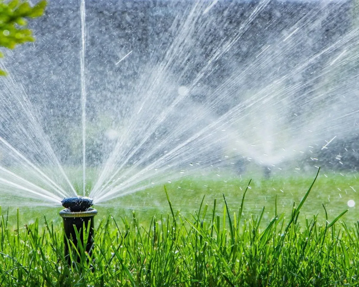 fields by duran: Close-up of automatic sprinkler system watering green lawn in a landscaped garden.