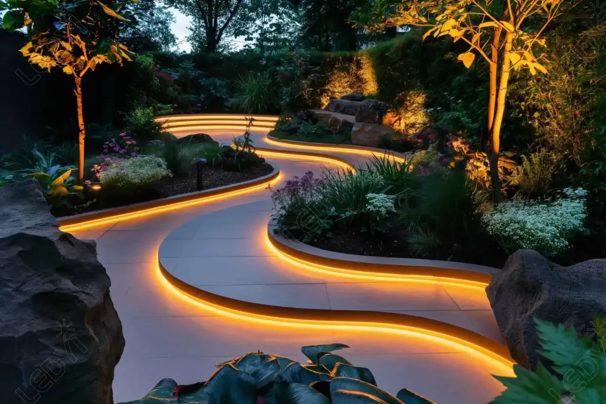 fields by duran: Contemporary garden pathway with integrated LED lighting, surrounded by plants and trees at night.