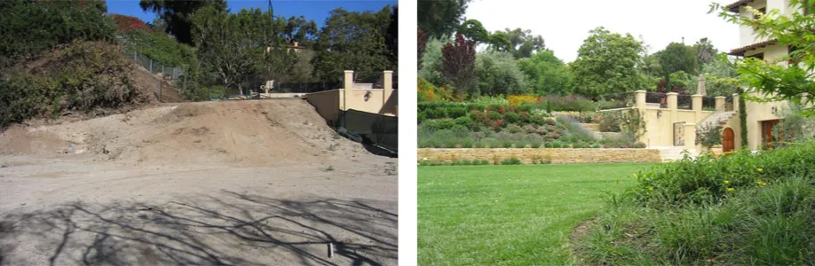fields by duran: Side-by-side before and after image of a residential landscaping transformation, showing a barren dirt yard turned into a lush, terraced garden with vibrant plants and green lawn.