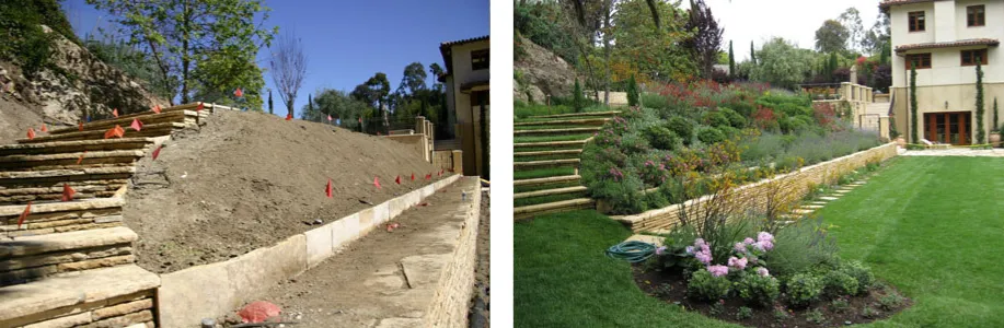 fields by duran: Before and after view of hillside landscaping project featuring stone steps, retaining walls, and a transformation from bare soil to a lush garden with vibrant flowers and green lawn.