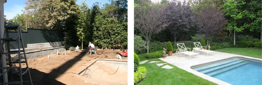 fields by duran: Backyard swimming pool construction before and after transformation, showing the initial building phase and the finished landscaped pool area with patio and lounge chairs.
