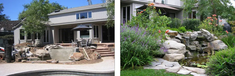 fields by duran: Backyard pond and waterfall installation before and after, showing the construction phase and the completed natural stone water feature surrounded by lush landscaping.