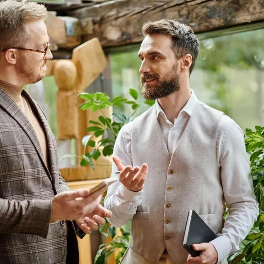 fields by duran: Two professional men having a discussion in a modern indoor space with natural light and green plants.