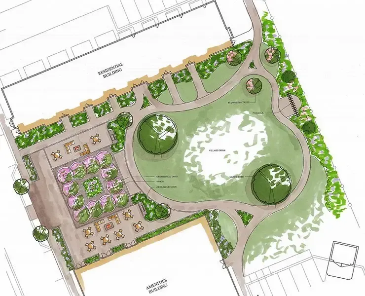 fields by duran: Hand-drawn landscape site plan for a residential building, showing pathways, green spaces, and garden areas.