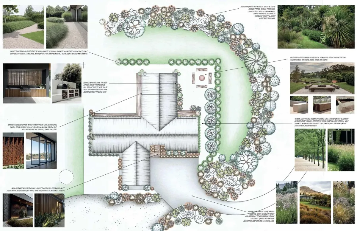fields by duran: Detailed landscape design plan with hand-drawn garden layout and reference photos of outdoor features.