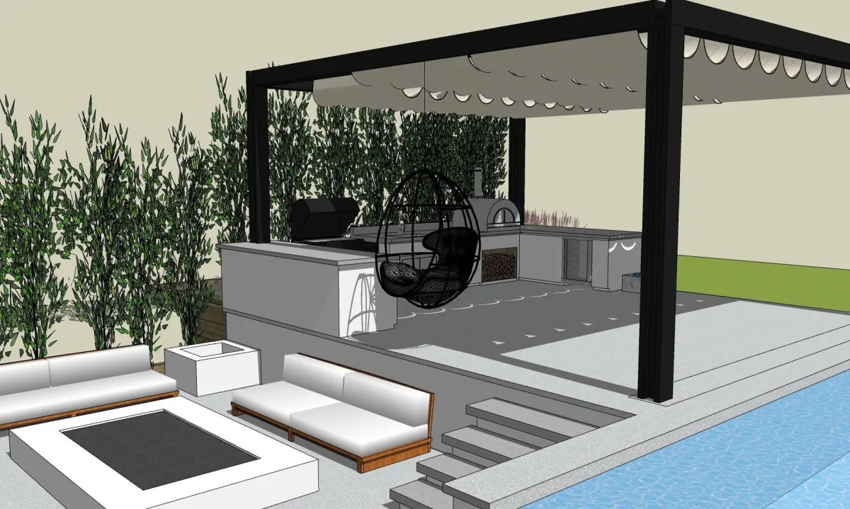 fields by duran: Landscape architect drawing and coloring a detailed backyard design plan with pool, lawn, and garden features.