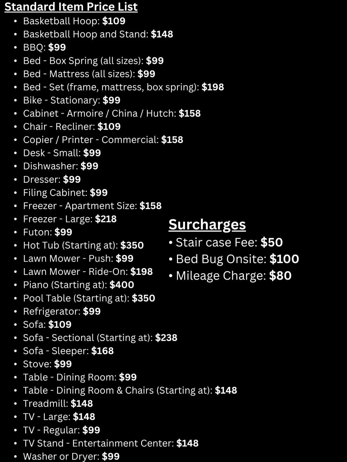 Standard Item Price List Junk Removal