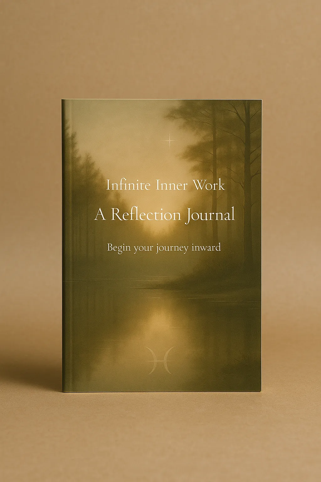 A product mockup of the book Infinite Inner Work: A Reflection Journal, featuring a soft-toned mystical forest cover with a Pisces symbol reflected in still water. The journal stands upright against a textured, earth-toned background resembling handmade paper.