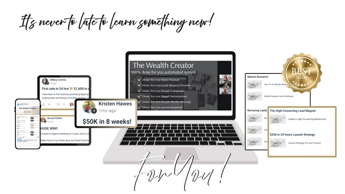 Overview of The Wealth Creator with testimonials, training dashboard, and digital marketing tools