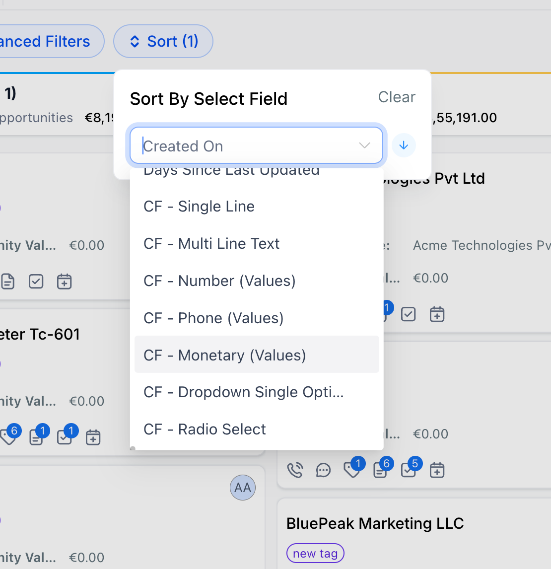 Opportunities – Sort by Custom Fields