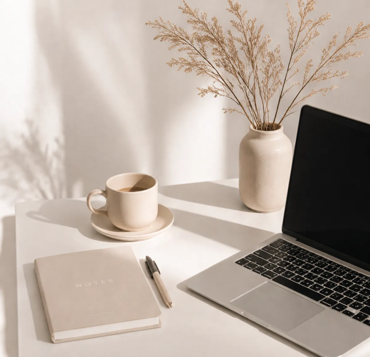 Minimalist workspace with a beige notebook and pen, a ceramic coffee cup on a saucer, a vase with dried branches, and a laptop on a clean white desk, softly lit by natural sunlight.