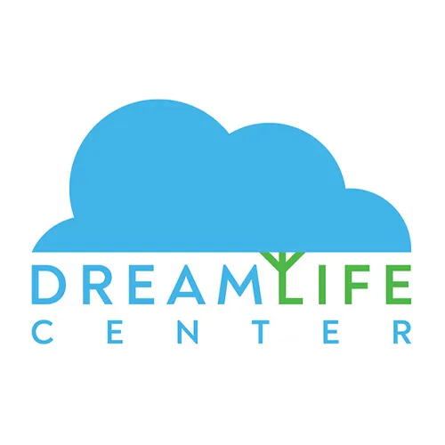 Blue and green logo of DreamLife Center featuring bubbly cloud, designed by Adam Morrison