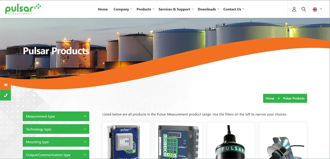 Pulsar Products page displaying various measurement products