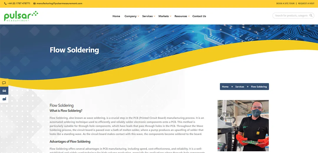 Service description page on the Pulsar Manufacturing website with an image of a Pulsar Manufacturing employee and flow smoldering details.