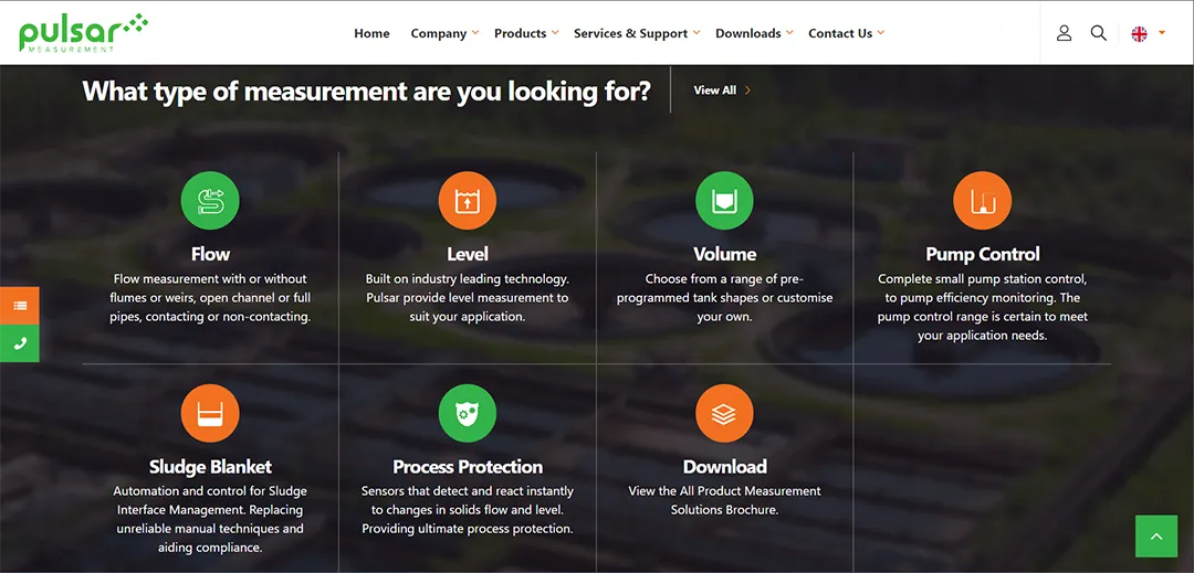 Product categories for various measurement types on Pulsar website