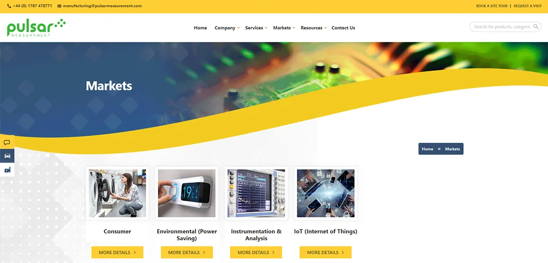 Markets offered page on Pulsar Manufacturing website, showcasing industries served.