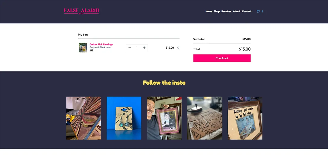 The shopping cart page of the False Alarm Art website, displaying a selected product, price, and total amount.