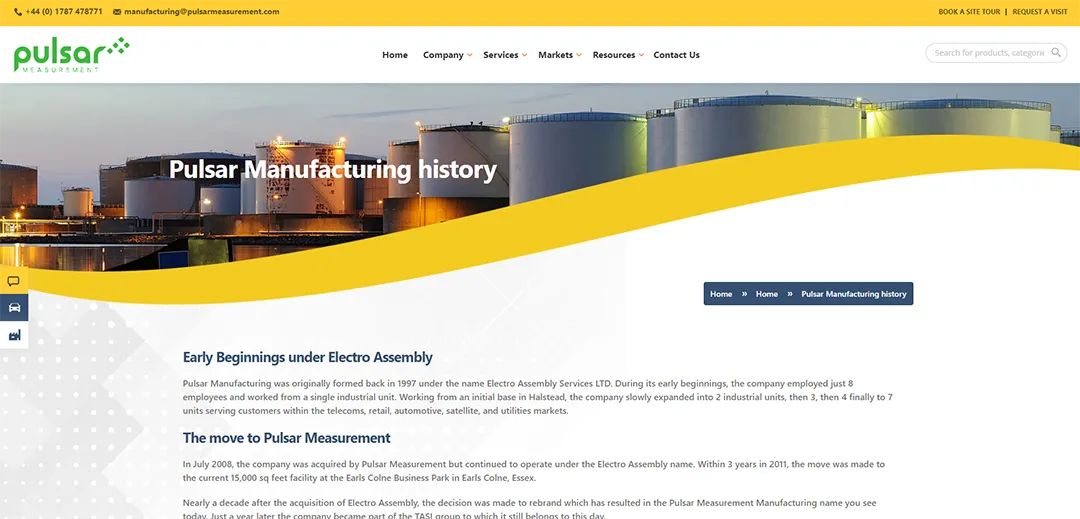 About page of Pulsar Manufacturing website featuring a detailed text history of the company.