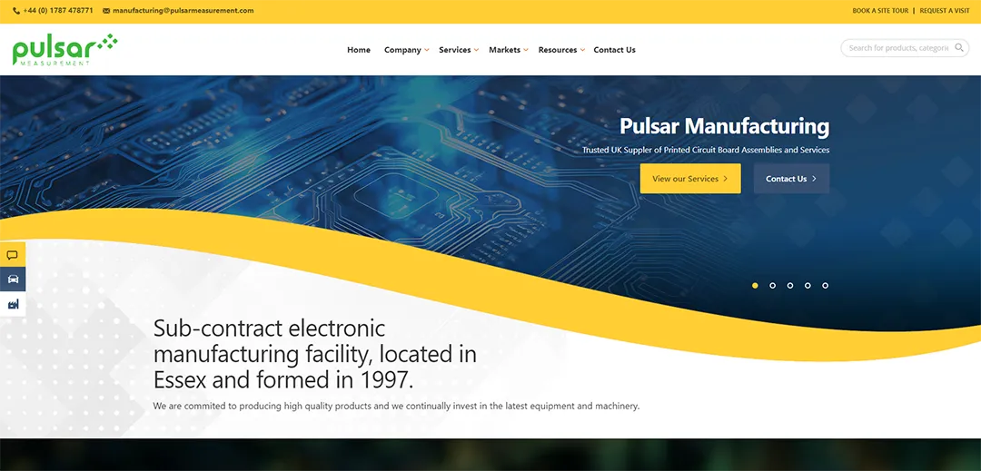 Pulsar Manufacturing homepage showcasing services and capabilities.