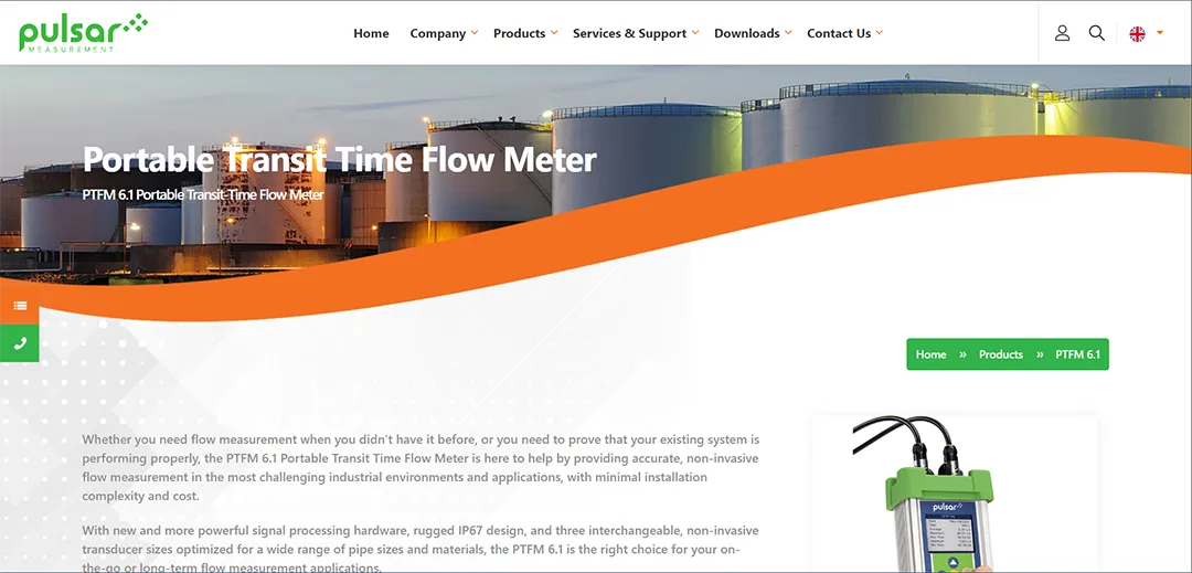 Detailed product page for Pulsar's Portable Transit Time Flow Meter