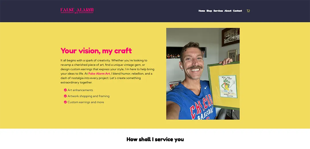 The about page of False Alarm Art, offering a personalized section about the artist and his mission, featuring bright, inviting colors.