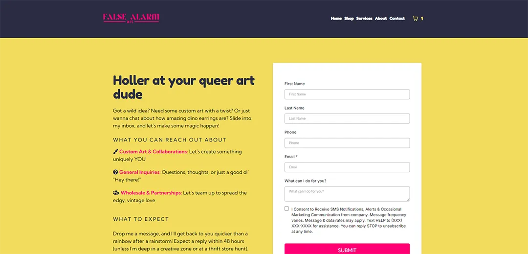 The contact page of False Alarm Art website, with a personalized form for customers to reach out for custom art or inquiries.