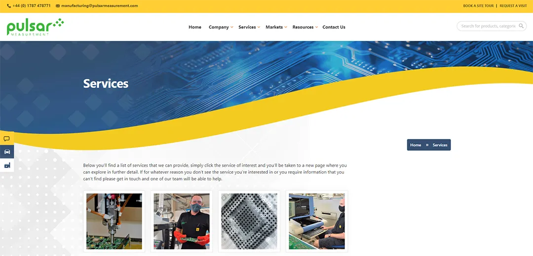 Services page on the Pulsar Manufacturing website with images representing service categories.