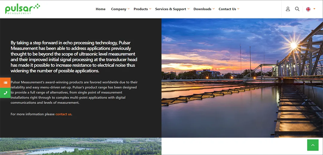 About page with hero image of a water plant on the Pulsar Measurements website, introducing company background.