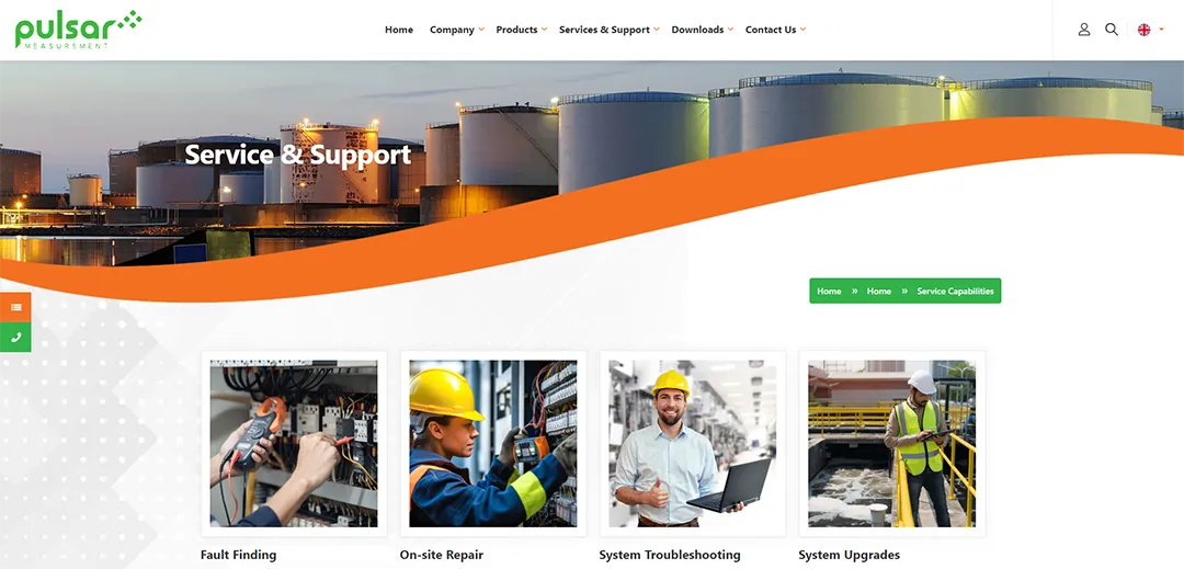 Service and Support page with service capabilities and offerings