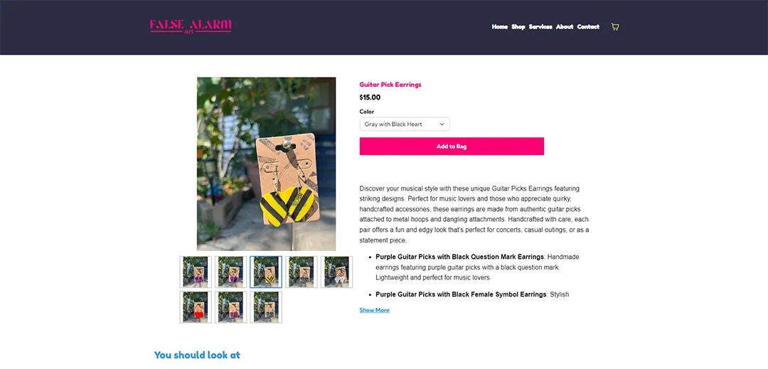 A product page showcasing different earring designs from False Alarm Art, featuring a vibrant layout and clear product descriptions.