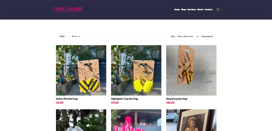 Product page on False Alarm Art website with earrings shaped like highlighters and guitar picks.