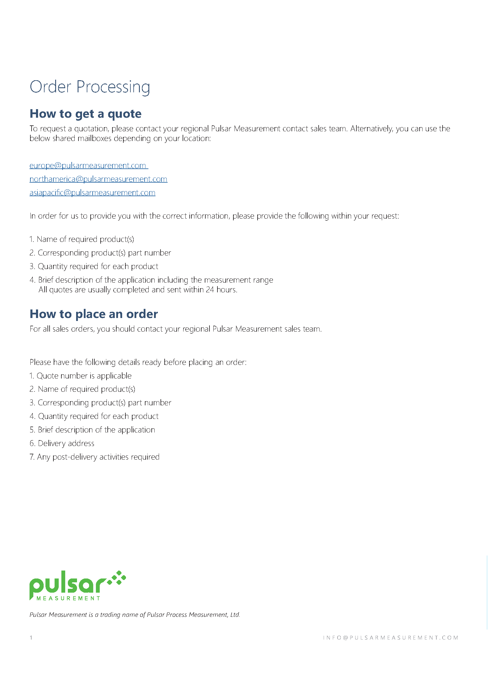 Pulsar Measurement all products brochure order processing, designed by Adam Morrison.