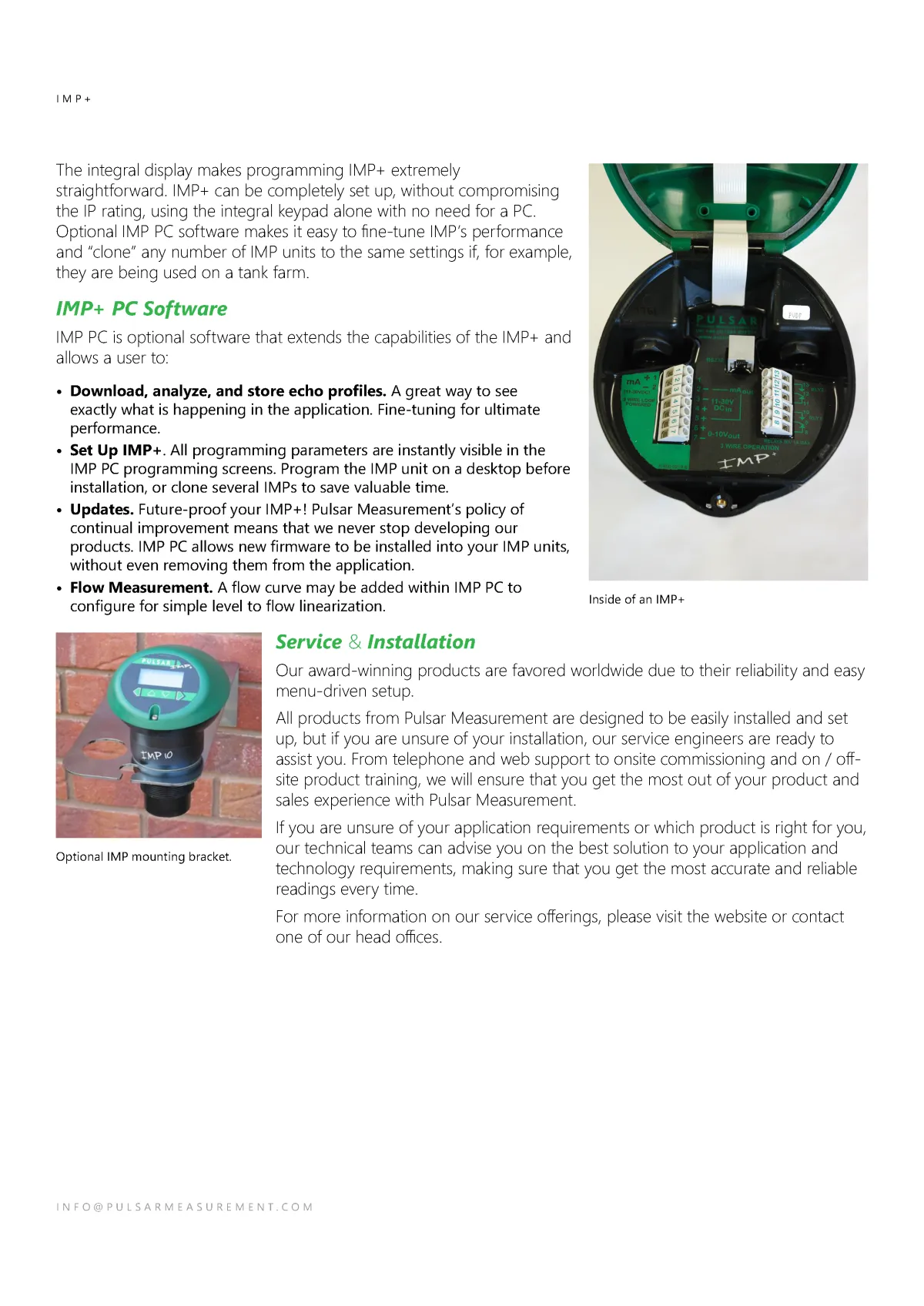 Pulsar Measurement product brochure internal text and images of the IMP+