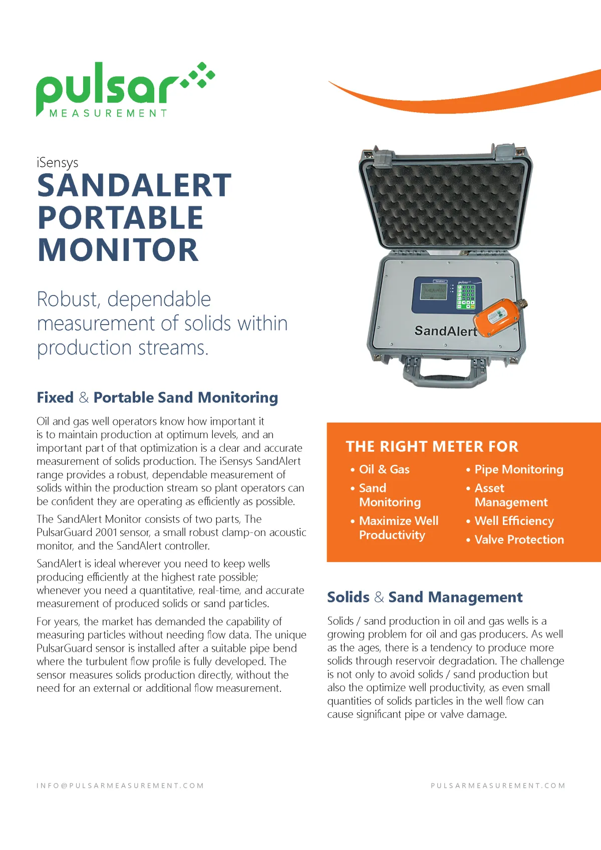 Pulsar Measurement SandAlert Portable Monitor product brochure cover, designed by Adam Morrison.